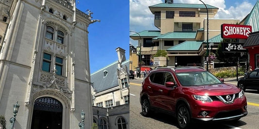 the biltmore mansion, left and gatlinburg downtown, right