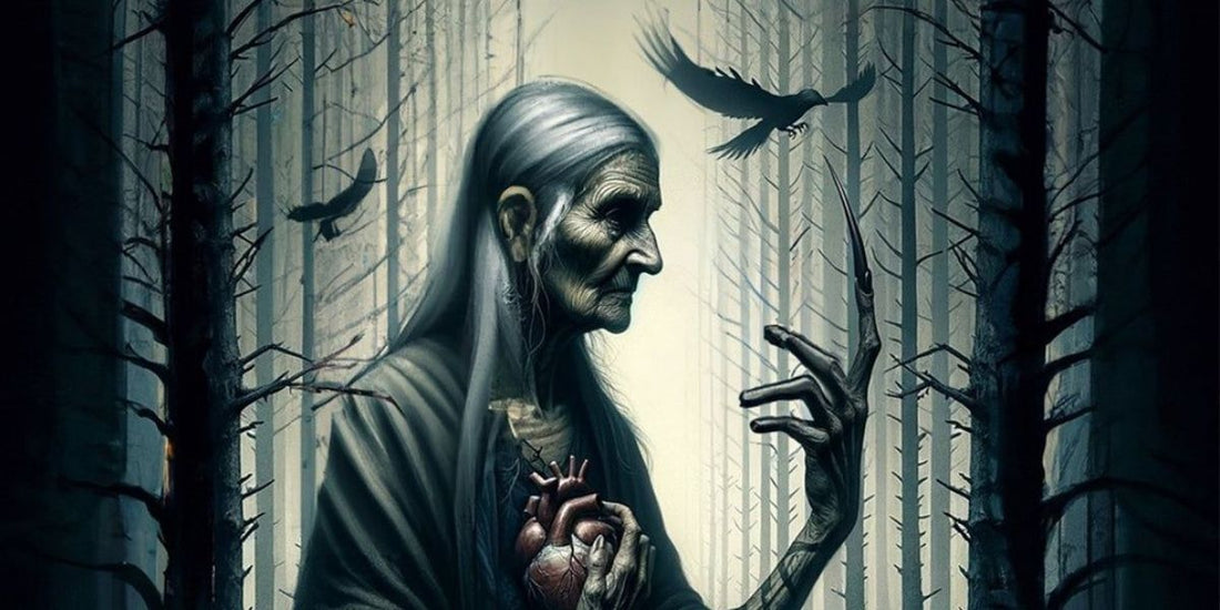 a creepy woman in the woods holding a heart and looking at a spear shaped finger on her hand