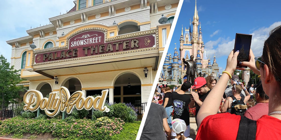 dollywood sign contrasted with disney world castle at magic kingdom